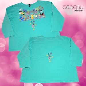 Sabaku Artwear Womens Nuevo Desert Huipil Graphic 3/4 Sleeve Top Turquoise 1X
